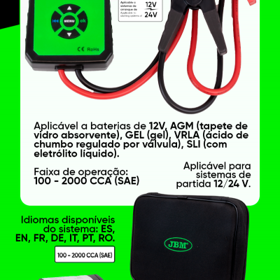 Testador de baterias JBM 54040 com cabos vermelho e preto e estojo preto