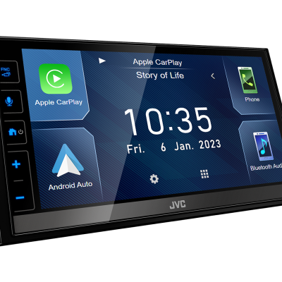 Aparelho de som automóvel JVC com ecrã tátil a mostrar opções Apple CarPlay, Android Auto, Phone e Bluetooth Audio.