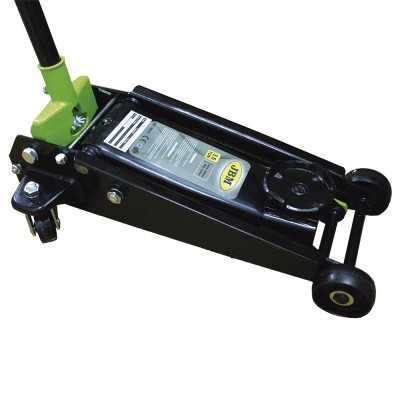 Macaco hidráulico de chassi preto com detalhes verdes e etiqueta 3 TON