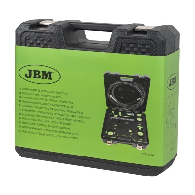 Mala preta com embalagem verde e texto JBM para ferramenta hidráulica de extração de cabeça esférica
