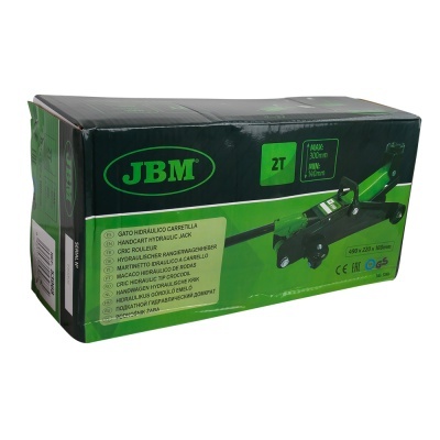 Embalagem preta e verde com macaco hidráulico manual verde e texto em várias línguas.