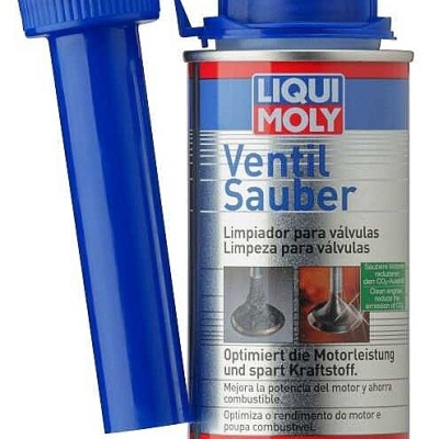 Frasco líquido acentuador de limpeza de válvulas com tampa azul e rótulo azul e vermelho