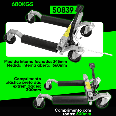 Suporte móvel para veículos metálico com rodas e braços de plástico preto