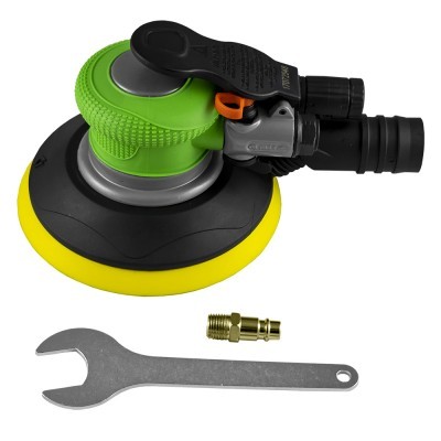 Lixadora pneumática circular verde, preta e amarela com chave e adaptador