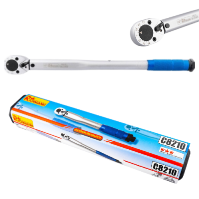 Chave de torque metálica com cabo azul e preto e embalagem azul e branca com texto