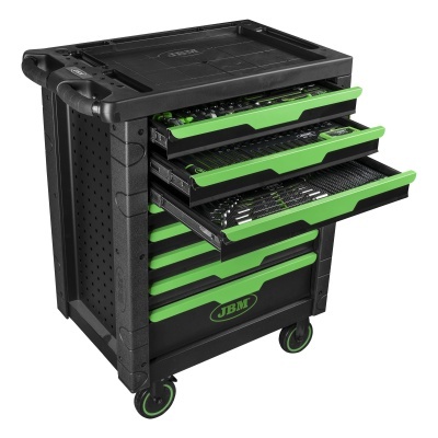 Carrinho de ferramentas preto com detalhes verdes e várias gavetas abertas