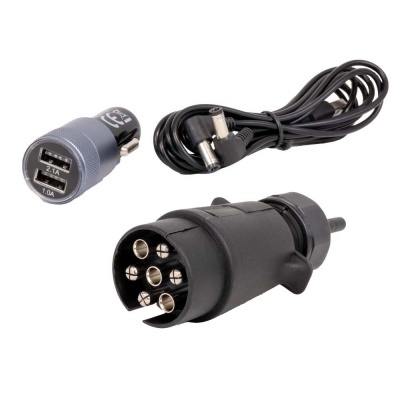 Adaptador USB cinzento, cabo preto com conectores em L e ficha preta de 7 pinos