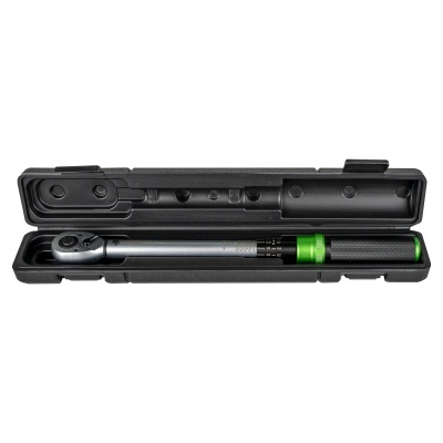 Chave de torque preta e verde em estojo preto