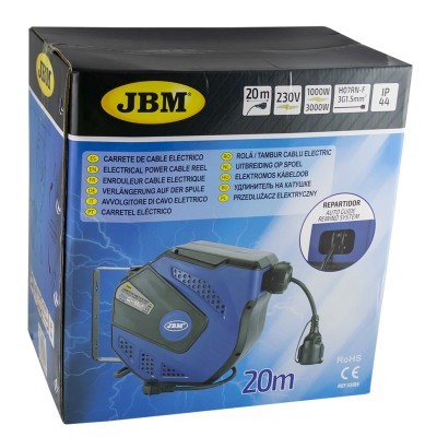 Bobina de cabo elétrico azul e preto JBM com suporte de parede e ficha, em caixa azul com informações técnicas