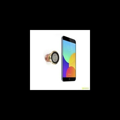 Smartphone preto com ecrã colorido e auricular Bluetooth cobre e preto sobre fundo branco