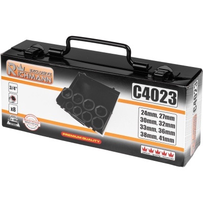 Caixa preta com conjunto de chaves de soquete Richmann e texto informativo