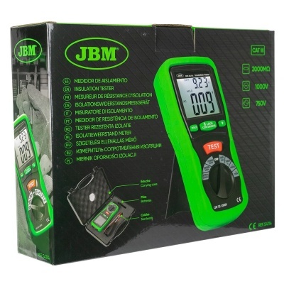 Caixa preta e verde com medidor de isolamento digital JBM e textos informativos