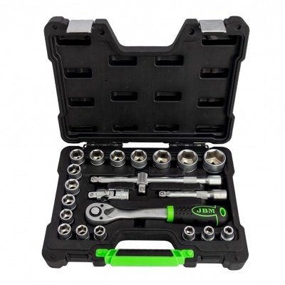 Conjunto de ferramentas com soquetes e chave catraca em estojo preto e verde