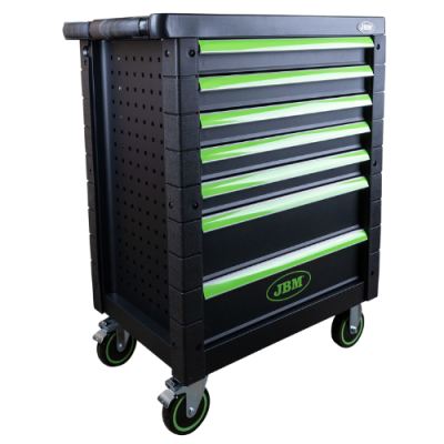 Carrinho de ferramentas preto com detalhes verdes e seis gavetas em rodas
