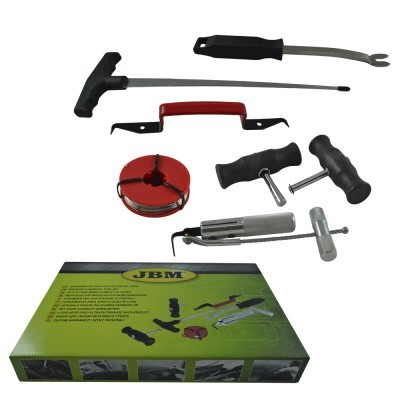 Conjunto de ferramentas manuais com fita métrica, alavancas e caixa verde JBM