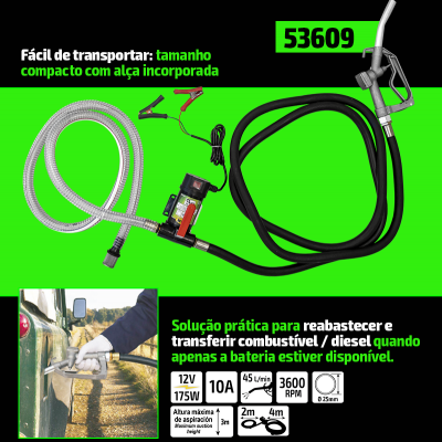 Bomba elétrica para combustível com mangueiras e acessórios sobre fundo verde e preto