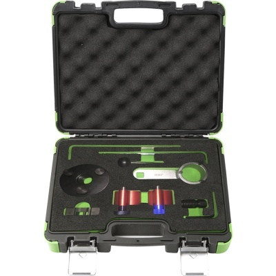 Estojo aberto com várias ferramentas coloridas organizadas em espuma moldada