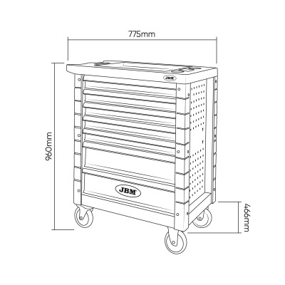 Carrinho de ferramentas metálico cinzento com gavetas e rodas