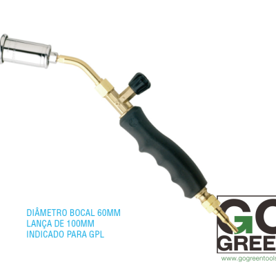 Tocha de soldadura com cabo preto e bocal metálico, texto azul e logo GO GREEN