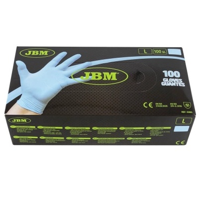 Caixa de luvas descartáveis JBM tamanho L preta e verde com imagem de uma luva azul clara.