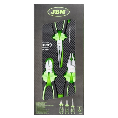 Conjunto de três ferramentas JBM com alças verdes e pretas em caixa preta