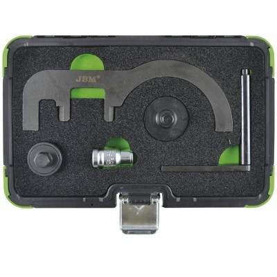 Conjunto de ferramentas em caixa preta e verde com peças metálicas e espuma para organização