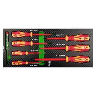 Conjunto de 8 chaves de fendas com cabo vermelho e amarelo em base preta