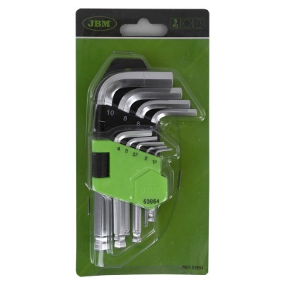 Conjunto de chaves hexagonais JBM com suporte verde em embalagem.