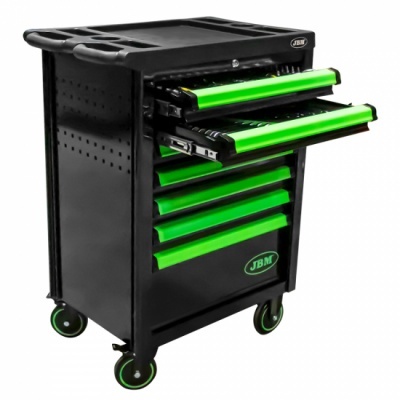 Carrinho de ferramentas preto com gavetas verdes e roda verde