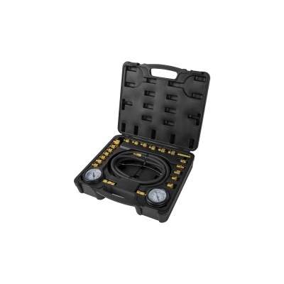 Estojo preto aberto com ferramentas de medição, manómetros e adaptadores dourados.