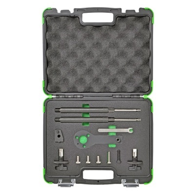 Estojo preto com ferramentas organizadas em espuma preta moldada