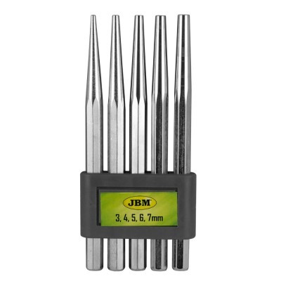 Conjunto de cinco punções metálicos de vários tamanhos com suporte preto e rótulo amarelo JBM