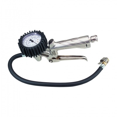 Medidor de pressão de pneus metálico com manómetro e mangueira preta