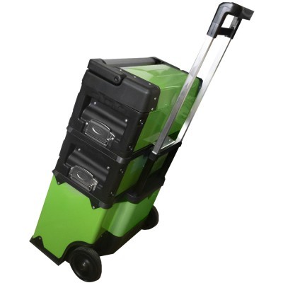 Carrinho organizador modular verde e preto com rodas e alça telescópica