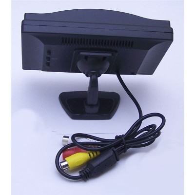 monitor pequeno preto com suporte e cabo com conectores RCA