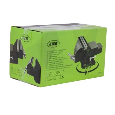 Embalagem verde com torno de bancada giratório preto da marca JBM com texto e ilustração