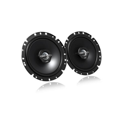 Par de altifalantes JVC pretos redondos com detalhes metálicos no centro