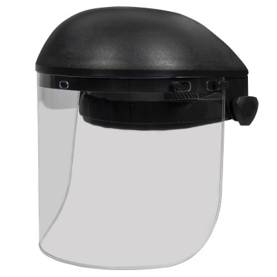 Proteção facial com viseira transparente e estrutura preta