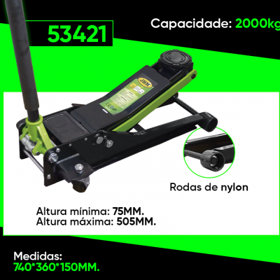 Macaco hidráulico preto e verde com alavanca preta e rodas de nylon