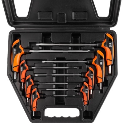Conjunto de chaves hexagonais em T com cabos preto e laranja num estojo preto