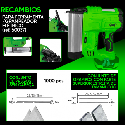 Grampeadora elétrica verde JBM com conjuntos de pregos e grampos em fundo preto e verde.