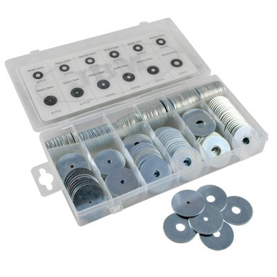 Estojo transparente com arruelas metálicas de vários tamanhos organizadas e etiquetas na tampa.