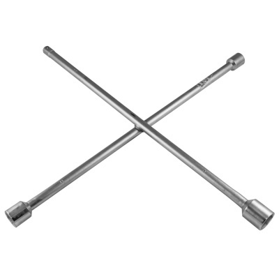 Chave de roda em cruz metálica prateada com quatro extremidades e texto impresso