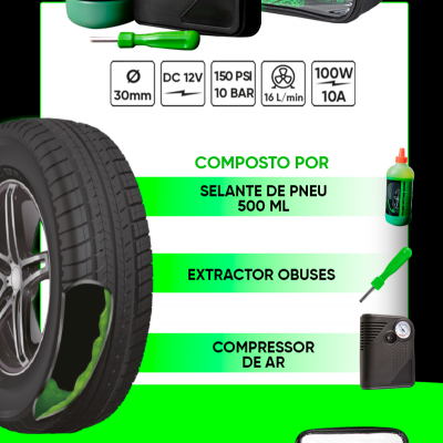 Kit de selante de pneus com compressor de ar, selante e extractor em bolsa transparente