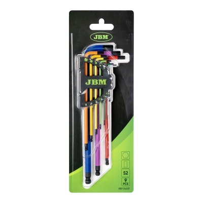 Conjunto de 9 chaves Allen coloridas em suporte JBM em embalagem preta e verde