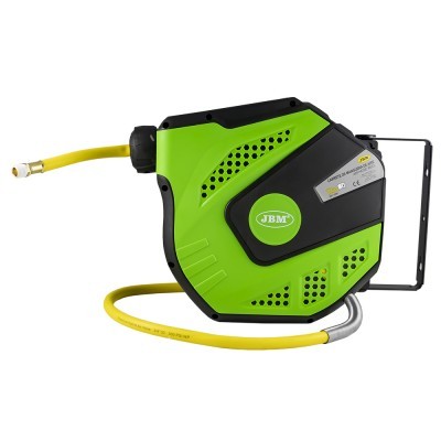 Enrolador de mangueira de jardim verde e preto com mangueira amarela