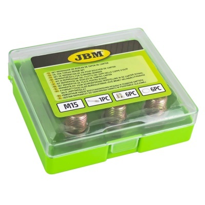Caixa verde com tampa transparente contendo roscas de ferro da marca JBM