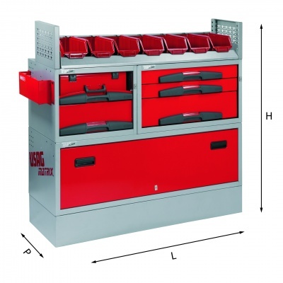Móvel organizador para ferramentas vermelho e cinza com gavetas e recipientes no topo