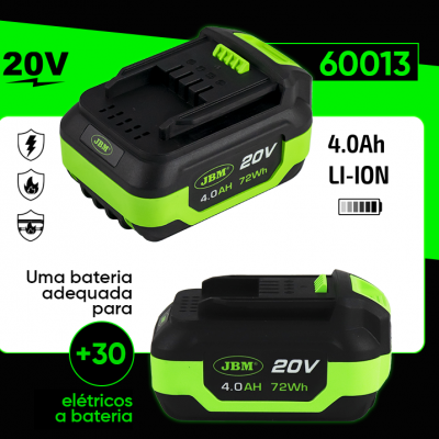 Bateria recarregável JBM 20V 4.0AH LI-ION preta e verde com descrição de características técnicas