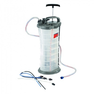 Recipiente plástico transparente com tampa cinzenta e alavanca preta com mangueira flexível e acessórios.